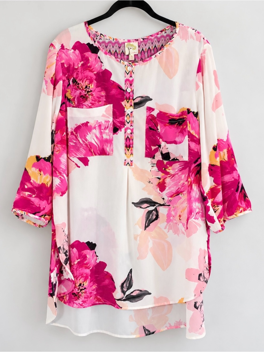 Fig & Flower Floral Tunic Top 2X Pink Artsy Maximalist Oversized High Low Pocket